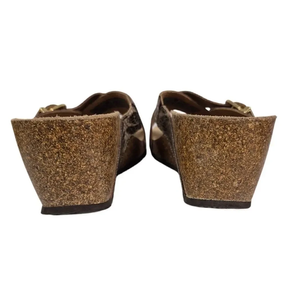Vionic Orthaheel Danette Cork Wedge Sandal Snakeskin Crisscross Gold Buckle Sz 8